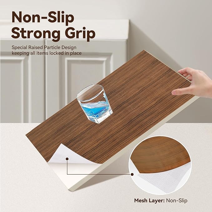 Drawer Shelf Liner for Kitchen Cabinets, Non Adhesive Slip Resistant Shelf Paper Easy to Clean, Strong Grip Thickened Waterproof Washable Mats for Pantry Shelves, Cupboard, Wood Grain, 12 in x 30 FT