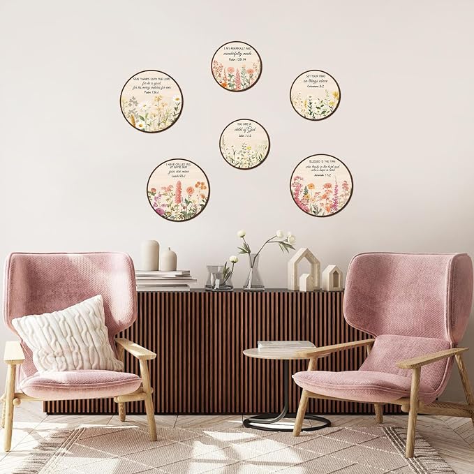TOARTi 6pcs Christian Floral Round Wall Art Set(9.9”x3/7.9”x3),Vintage Wildflower Bible Verse Hanging Sign Flowers Wooden Wall Art Scripture Botanical Religious Wall Decor for Church Living Room