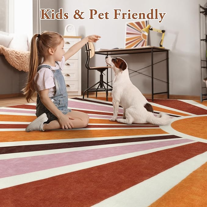 LIVEBOX Boho Nursery Rug Round 4ft Sun Rainbow Rug for Girls Bedroom, Soft Retro Colorful Circular Rugs for Kids Room, Non-Slip Circle Cute Washable Rugs for Living Room Classroom Play Room