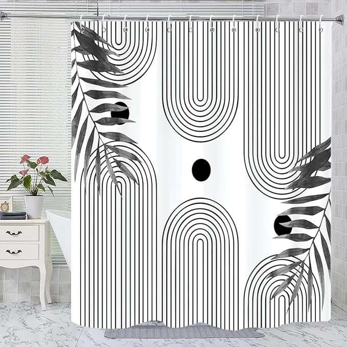 Boho Mid Century Modern Shower Curtain, Abstract Arch Leaf Minimalist Sun Black and White Machine Washable Waterproof Fabric for Bathroom Decor Bathtub with Hooks 72Wx78H