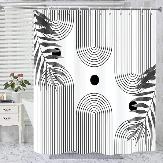 Boho Mid Century Modern Shower Curtain, Abstract Arch Leaf Minimalist Sun Black and White Machine Washable Waterproof for Bathroom Bathtub with Hooks 72x72