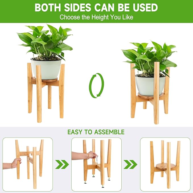Adjustable Plant Stand with Tray,Indoor Wood Plant Stand Fit 8'' to 12'' Planter,Mid Century Modern Flower Pot Holder Rack(Plant and Pot Not Included)