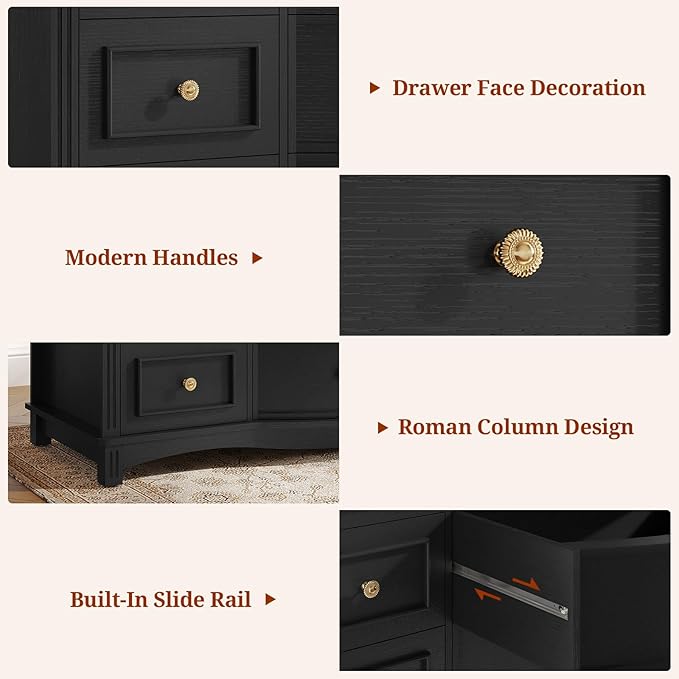 9-Drawer Chest, Wide Dresser with 3 Large Arc Fronts,Roman Column Decor, Spacious Bedroom Storage Furniture, 55 Inch Long (Black, 9 Drawer)