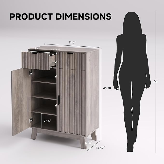 BOXACTION Fluted Shoe Cabinet, 4-Tier Mid Century Modern Narrow Shoe Storage Cabinet with Doors & 2 Drawers, Adjustable Shelves, Freestanding Hidden Shoe Rack Organizer & Wooden Legs for Entryway