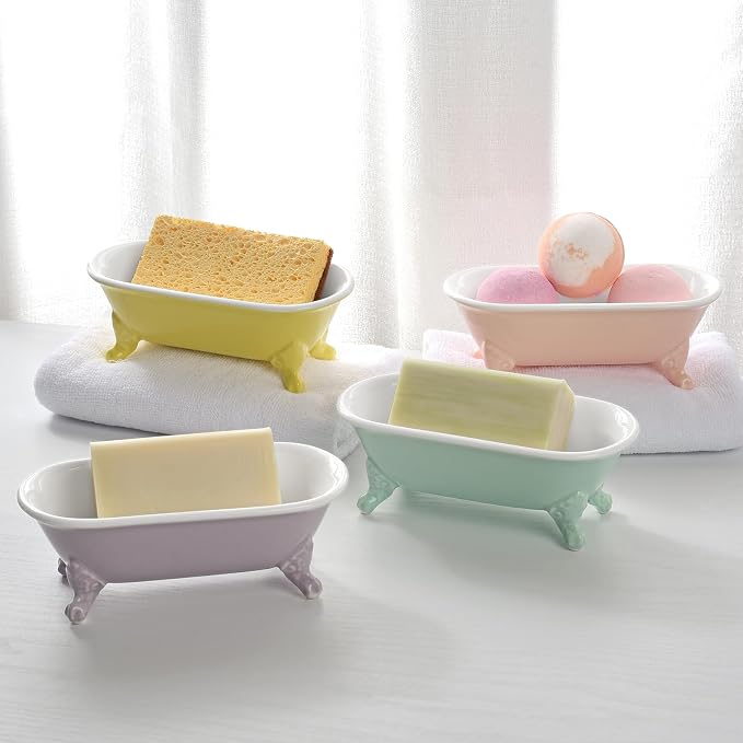 6.5" Ceramic Mini Decorative Clawfoot Bathtub Bar Soap Dish, Kitchen Sponge Holder and Shower Tray for Bathroom, 1 Pack(Yellow)