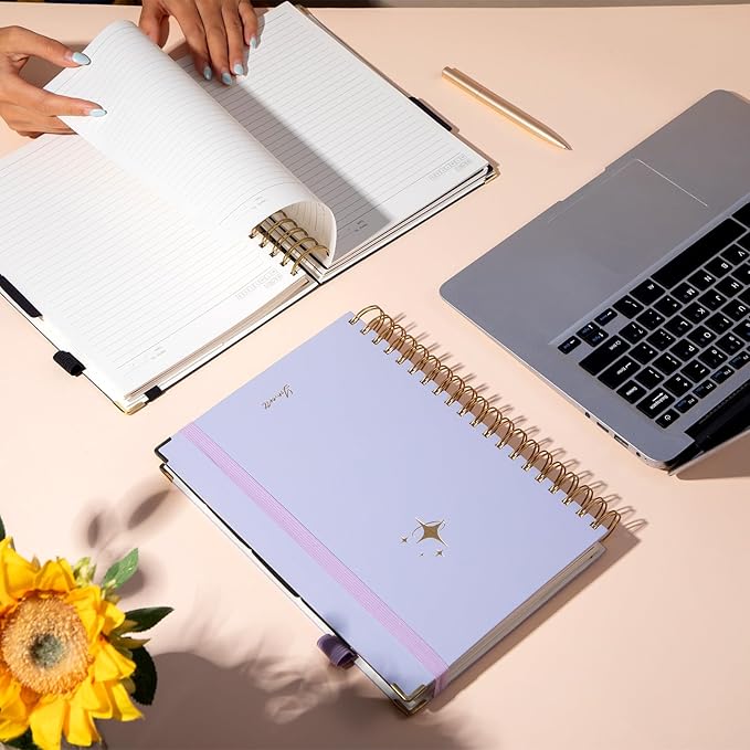 FLYING EAGLE Leather Spiral Notebooks for Work 5 Subject Notebook College Ruled with Dividers Pen, 360 Pages B5 Hardcover Lined Journals for Women Men Writing,Purple