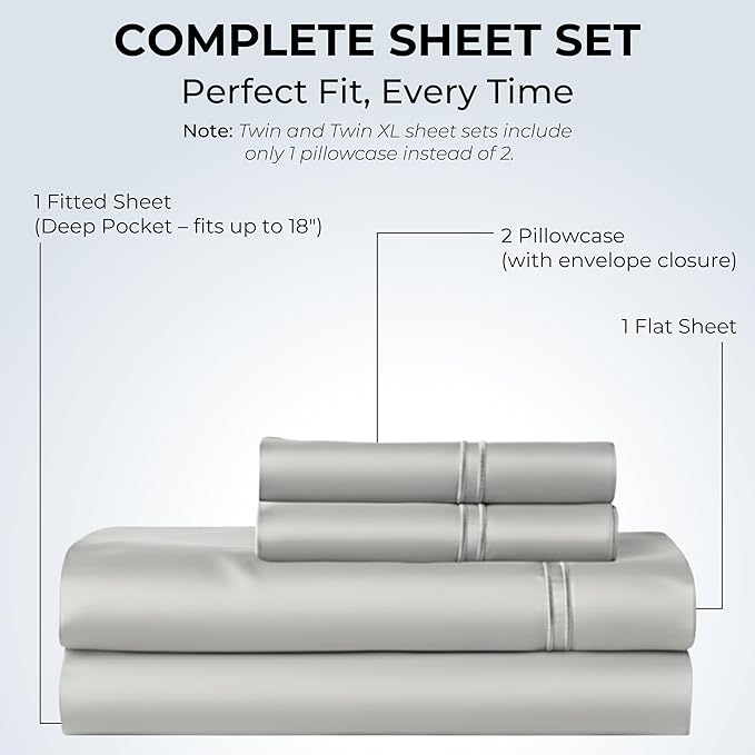 100% Natural Cotton Bed Sheets | 500 TC Single-Ply Sateen Weave Cal King Sheet Set | Breathable & Hypoallergenic Solid 4-Piece Bedding with Deep Pocket Fitted, Flat, Pillowcase | Grey