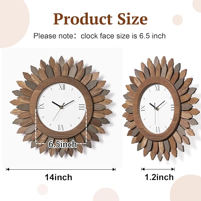Honiway 14 Inch Wall Clocks Battery Operated Silent Non Ticking Rustic Wood Boho Sunburst Decorative Wall Clock for Living Room Kitchen Bedroom Farmhouse Office Decor (Tricolor-Roman Numerals)