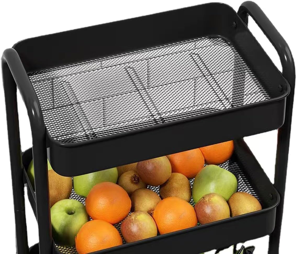 XIUSHE 3-Tier Rolling Metal Utility Cart - Sturdy Portable Organizer for Office, Kitchen, Bathroom | Black