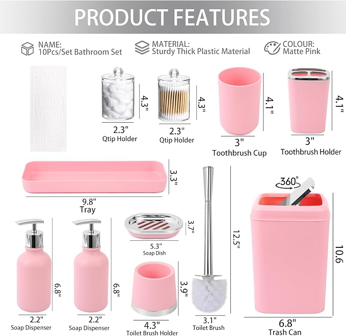XLHOMO Pink Bathroom Accessories Set - 10 Piece Bathroom Set with Trash Can and Toilet Brush, Soap Dispenser, Toothbrush Holder and Cup, Soap Dish, and Qtip Holder, for Housewarming Gift