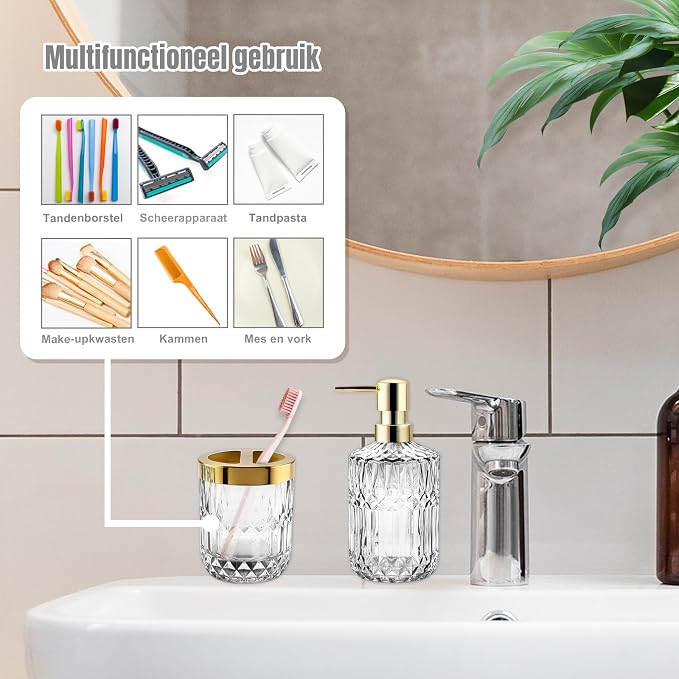 2Pcs White Bathroom Accessories Set, Glass Bathroom Accessories, Vintage Bathroom Countertop Decoration Includes Soap Dispenser, Toothbrush Holder