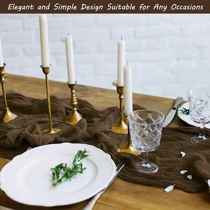 Fivenl 12 Pack Brown Boho Rustic Cheesecloth Table Runner 35x72 Inch Romantic Vintage Gauze Table Runner for Wedding Bridal Shower Birthday Party Table Decor