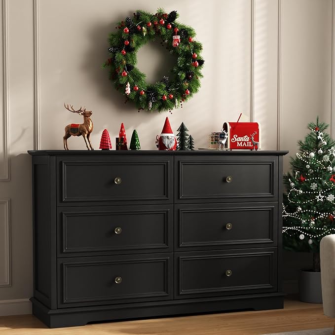 Modern 6 Drawer Dresser, Vintage Chest of Drawers with Metal Handle, Wooden Closet Dresser with Deep Drawers, for Living Room, Hallway, Black