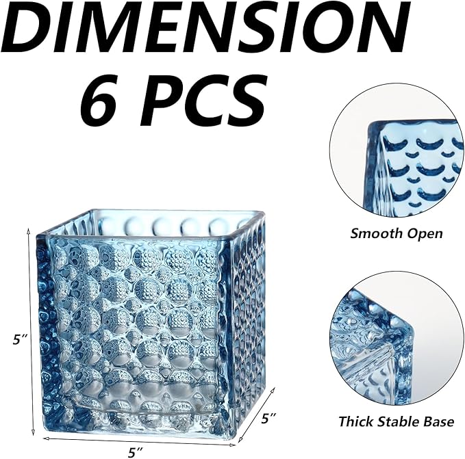 Square Vases Set of 6, 5" x 5" x 5" Square Glass Vases for Flowers, Blue Flower Vase for Centerpieces, Small Bubble Vase for Wedding, Party, Home, Office, Parties, Events