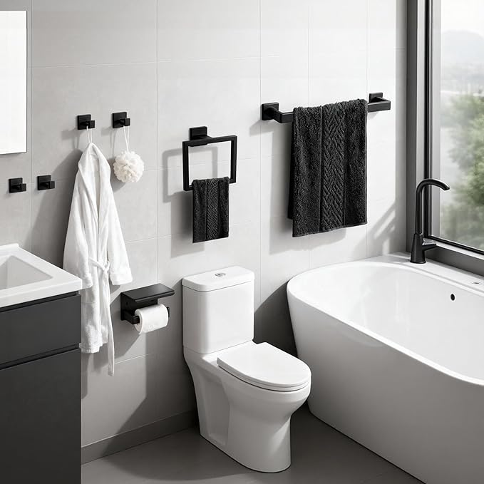 Matte Black Bathroom Hardware Accessories Set, Stainless Steel Towel Racks for Bathroom, 16 Inch Towel Bar, Towel Holders, Updated Toilet Paper Holder with Shelf Wall Mounted(10-Pieces)