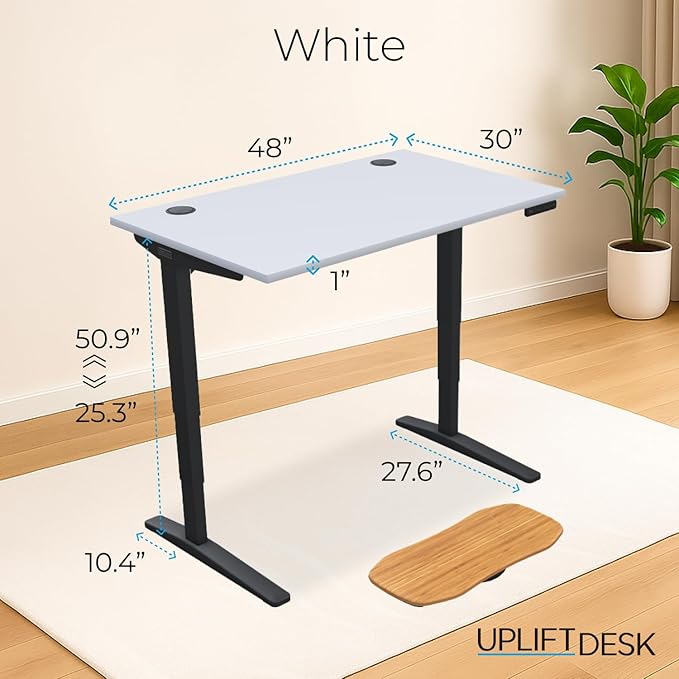 UPLIFTDESK V2 2-Leg White Laminate Wood Standing Desk – Adjustable Height, Advanced 1-Touch Memory Keypad, Under Desk Cable Management, Wire Grommets & Rocker Board (Black C-Frame, 48 x 30 inch)