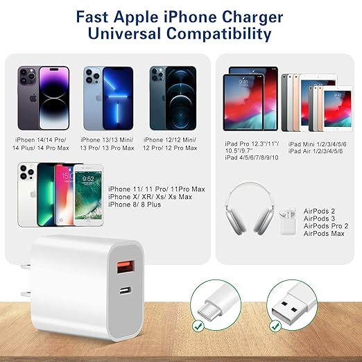 Fast Charger iPhone,Dual Port A/C iPhone Charger Fast Charging Adapter,2Pack Quick Double Phone Wall Charger Block,Apple Charger Block 10FT USB C to Lightning Cable foriPhone 14/13/12/11/ProMax/XS/XR
