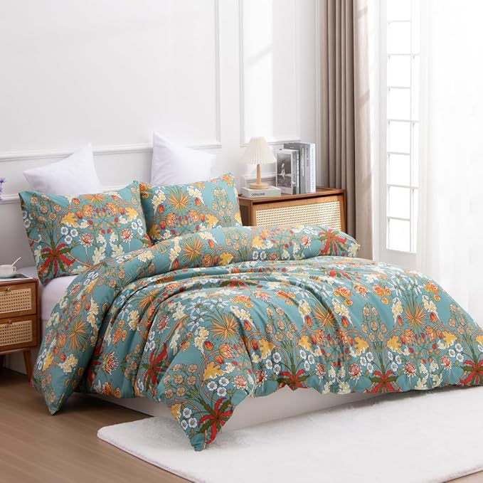 Nayoroom Vintage Floral Duvet Cover Set King Size Vibrant Boho Yellow Orange Flowers Printed on Teal Blue Comforter Cover 3Pcs Soft Microfiber Garden Style Bedding Set with Zipper Closure