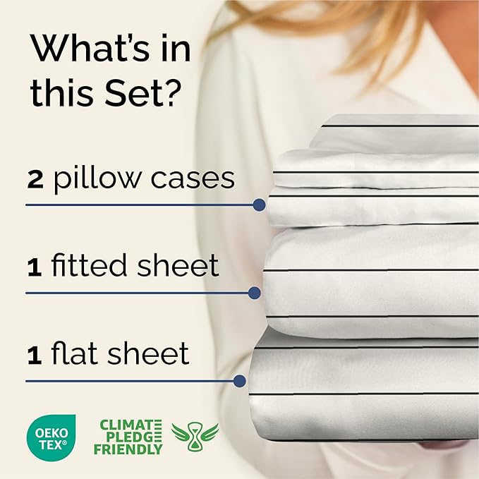 Striped Sheets - Beige & White Striped Sheets - 1 Flat & 1 Fitted & 2 Pillowcases w/ Deep Pockets – Wrinkle & Fade Free - Soft, Breathable & Cooling – Luxury Pinstripe Bedding - Cal King Size Bed Set