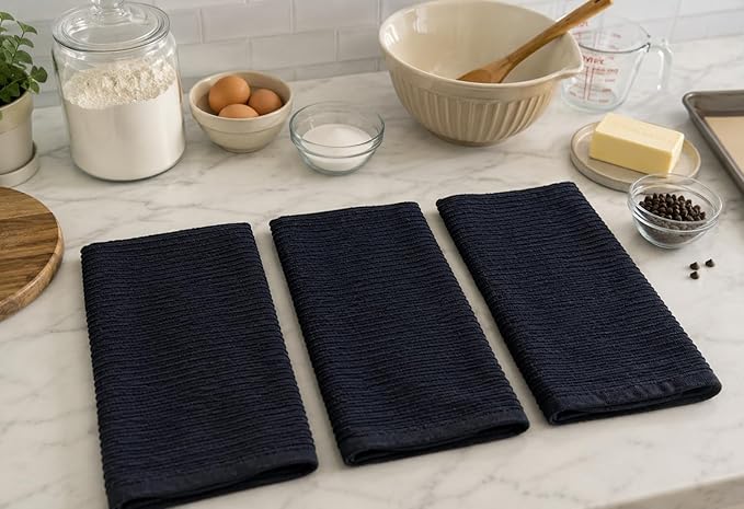Serafina Home Oversized Solid Color Dark Navy Blue Kitchen Dish Towels: 100% Cotton Cloth Soft Cleaning Drying Absorbent Ribbed Terry Loop, Set of 3 Multipurpose for Everyday Use (Navy Blue)