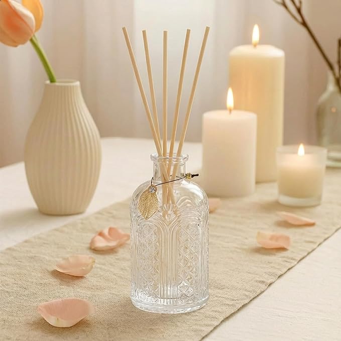 Glass Reed Diffusers Bottles for Home, Diffuser Bottles with 40PCS Reed Diffuser Sticks, Vintage Embossed Apothecary Style Flower Bud Vases with Cork Lids, Set of 6