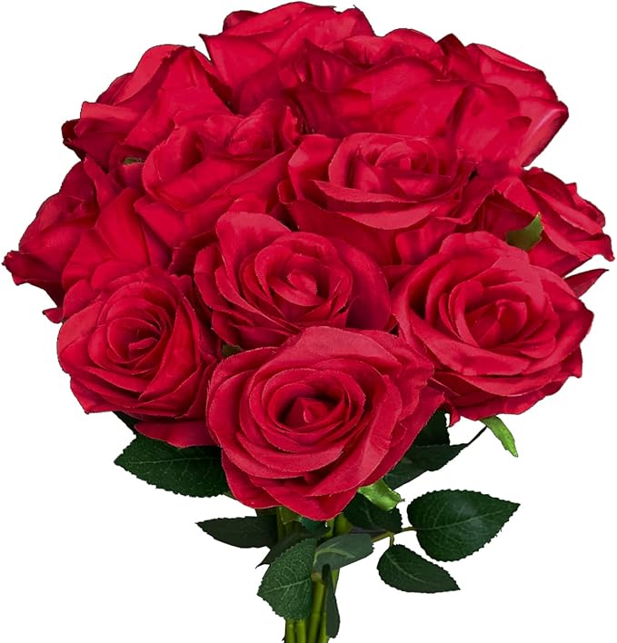 12 PCS Rose Artificial Silk Flowers, Fake Roses with Long Stems Realistic Faux Rose Flower Bouquets for Home Wedding Decoration Party-Red