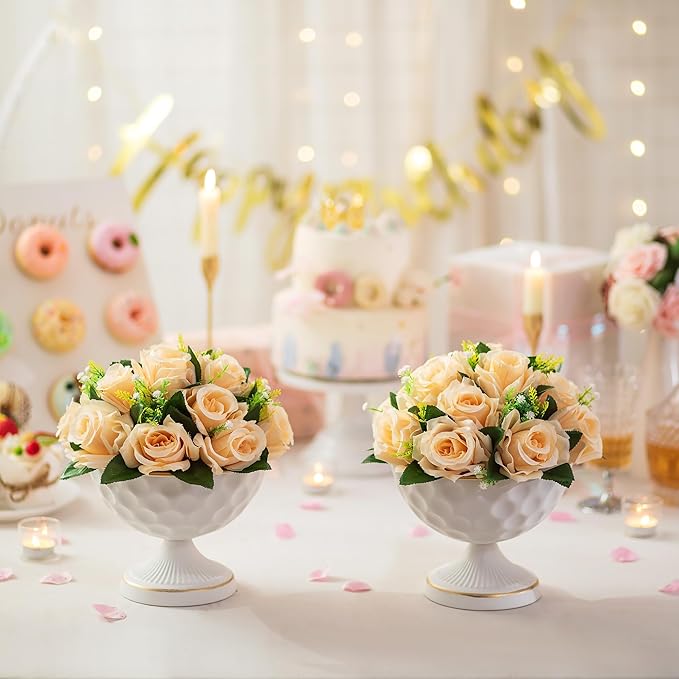 Sziqiqi White Vases for Wedding Centerpieces: 6.1in Metal Urn Vases Set of 2 Compote Vase for Decorations - Flower Arrangements Table Vase Plant Bowl for Wedding Party Event Home Decor