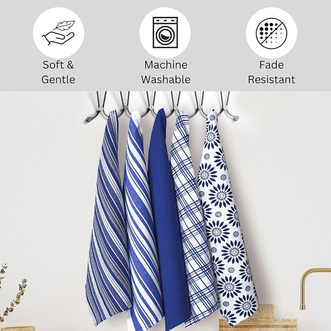 Assorted Kitchen Towels Large 16x26 Inch 100% Cotton Set of 5 - Dish Cloths Towels with Hanging Loop - Soft Absorbent Washable Tea Towels for Kitchen - Quick Drying Dish Towels Navy Blue