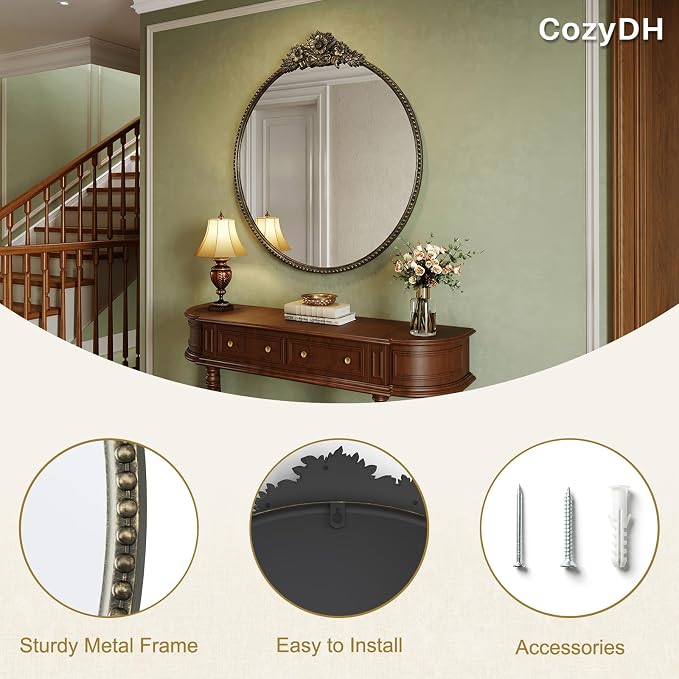 Baroque Antique Black Round Mirror for Wall Decor - 24" Circle Wall Mirror with Vintage Ornate Carved Floral Top Beaded Metal Frame for Bathroom Vanity, Entryway, Fireplace, Living Room, Bedroom