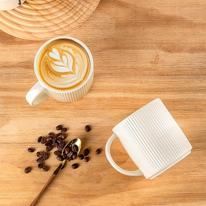 theterra Ceramic Coffee Mugs Set of 4, 14.2oz Handmade Coffee Cups with Handle for Latte, Tea, Milk, Beer, Hot Cocoa, Beige