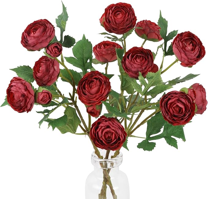 3PCS 18 Heads Silk Burgundy Ranunculus Artificial Flowers Faux Peonies Flowers Look Real Ranunculus Stems for Centerpieces Arrangements Wedding Party Home Decoration(Burgundy)