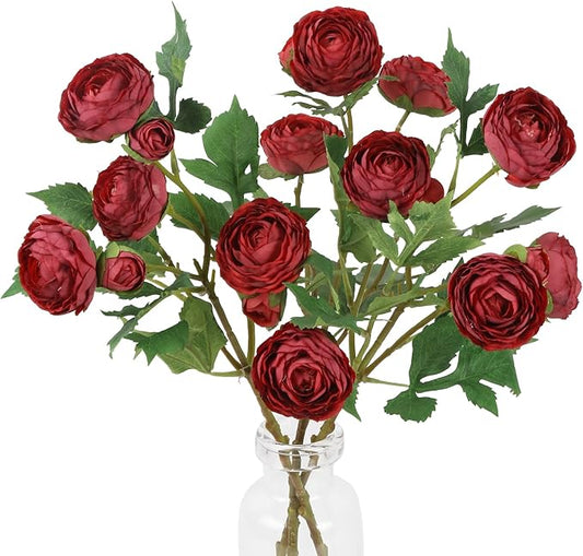 3PCS 18 Heads Silk Burgundy Ranunculus Artificial Flowers Faux Peonies Flowers Look Real Ranunculus Stems for Centerpieces Arrangements Wedding Party Home Decoration(Burgundy)
