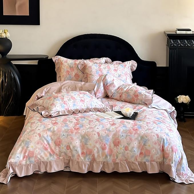 HighBuy Luxury Ruffled Duvet Cover King with Pink Floral Ruffle Edge,Soft Brushed Cotton Floral Bedding Set for Women Girls,Chic Farmhouse Comforter Cover Set,1 Duvet Cover and 2 Ruffle Pillowcase