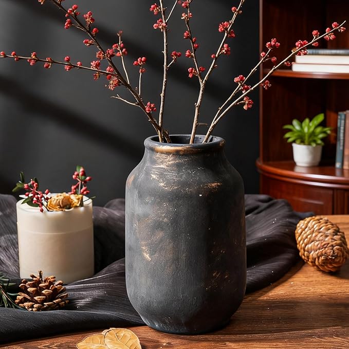 Rustic Ceramic Farmhouse Flower Large Vase, Whitewashed Terra Cotta Vase, Pottery Decorative Flower for Home Decor, Table, Living Room Decoration, Shelf Decor, Mantel, 9.5 Inch, Bronze