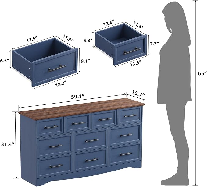 Blue 10 Drawer Dresser for Bedroom, 59" Wide Chest of Drawers w/Brushed Metal Handle, Wood Dresser TV Stand Closet Organizers and Storage Cabinet for Bedroom, Living Room, Hallway