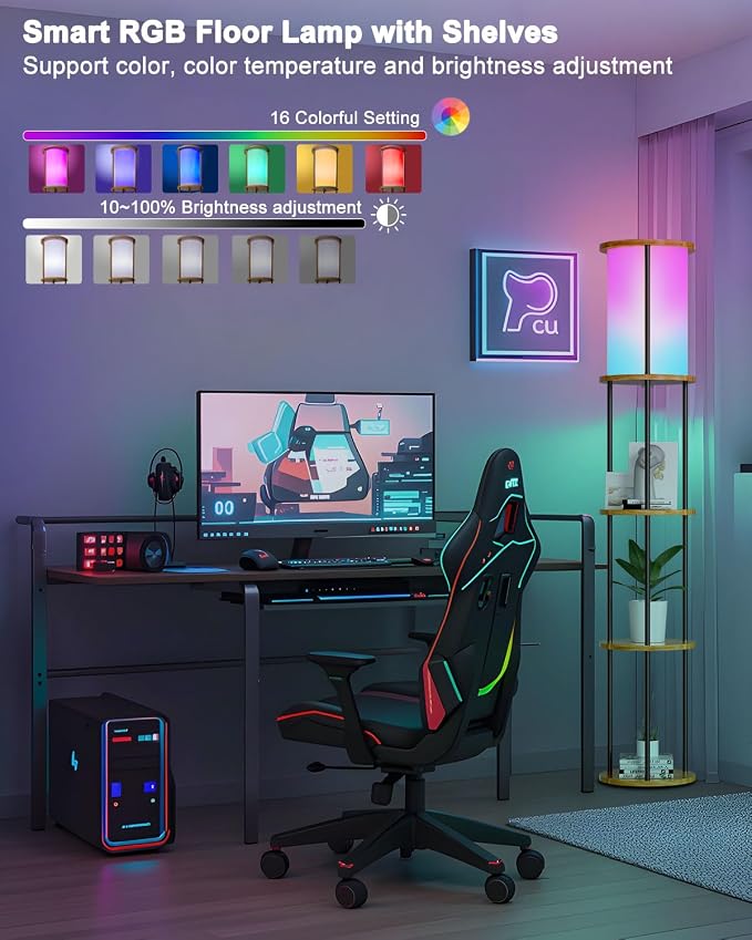Lightdot 61" RGB Floor Lamp with Shelves, 3-Tier Storage Smart Remote Control Standing Lamp with Fabric Shade, Bulb Included, Dimmable Floor Lamps for Living Room/Sofa Beside/Corner Decor (Black)