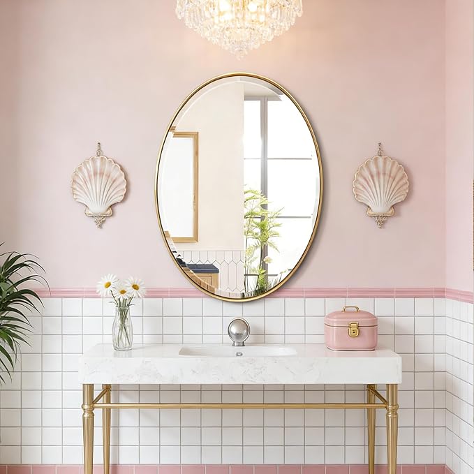 POZINO Oval Beveled Mirror, 20"x28" Brush Gold Vanity Mirror for Over Sink, Modern Brass Wall Mirrors for Bathroom Bedroom Living Room Hallway Entryway, Hangs Vertically or Horizontally