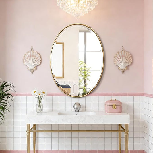 POZINO Oval Beveled Mirror, 20"x28" Brush Gold Vanity Mirror for Over Sink, Modern Brass Wall Mirrors for Bathroom Bedroom Living Room Hallway Entryway, Hangs Vertically or Horizontally