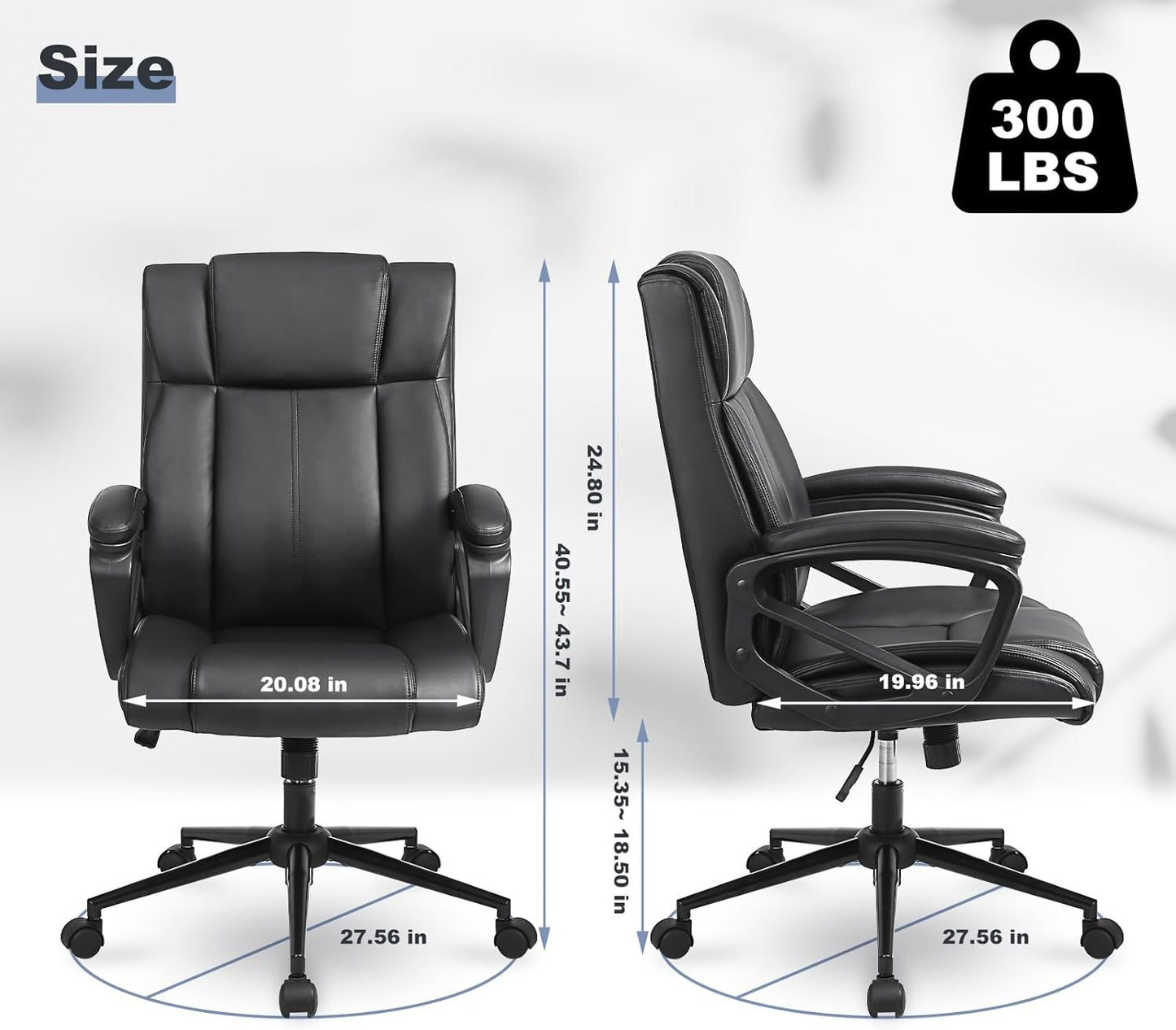 Skiennix Ergonomic Executive Office Chair - Heavy Duty 300lbs Capacity, Mid-Back PU Leather with Lumbar Support - Black