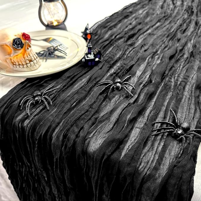 Booque Valley Black Table Runner 3 Pack Cheesecloth 10ft Super Soft Boho Wrinkled Gauze Sheer Cloth for Baby Shower Baptism Birthday Party Wedding Centerpiece Table Halloween Decoration, 35x120 Inch