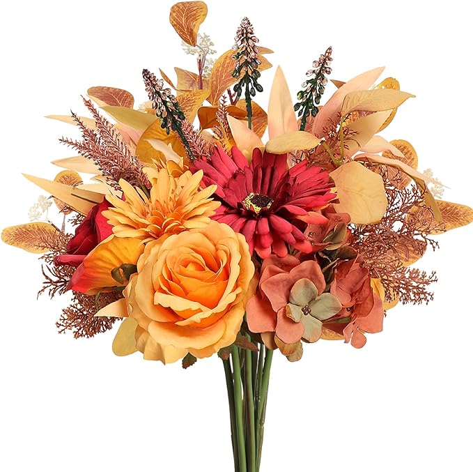 Artificial Fall Flowers Bouquet for Decoration, Fall Fake Silk Flower Arrangements Faux Autumn Flowers Fall Decorations for Home Indoor Office Wedding Bride Bouquets Tables Centerpieces Fall Decor