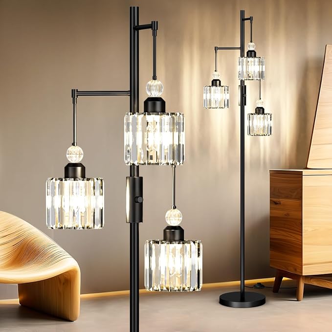 Black Tree Floor Lamp with 3 Crystal Cage Lampshades & Dimmable Bulbs - 70" Vintage Glam Standing Lamp for Living Room Bedroom, Industrial Modern Decor with Crystal Ball Accents (Black)