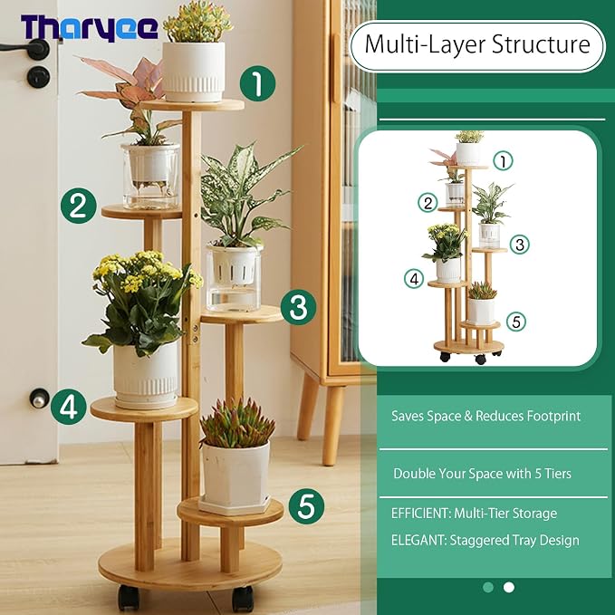 5 Tier Plant Stand Indoor, Wood Plant Shelf Corner Display Rack with Wheels, Multiple Plants Ladder Holder for Living Room Balcony Bedroom Garden Patio (Wood Color, 5 Tier)