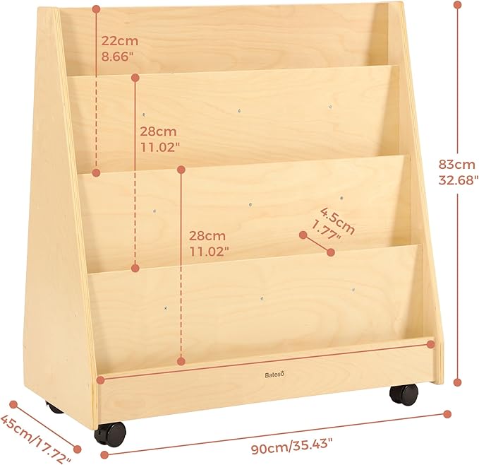 4-Tier Kids Bookshelf, Double-Sided Book Shelf for Kids Rooms, Toddler Book Rack Organizer with Wheels, Wooden Montessori Bookshelf & Book Storage Display for Classroom, Preschool, Nursery