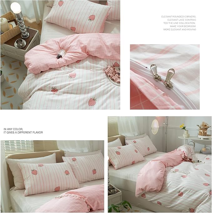 LifeTB Pink Strawberry Duvet Cover Kids Girl Kawaii Print Bedding Set Queen 1 Duvet Cover with 2 Pillowcases Cotton Strawberry Comforter Cover Lovely Soft Full Bedding Set with Zipper and Corner Ties