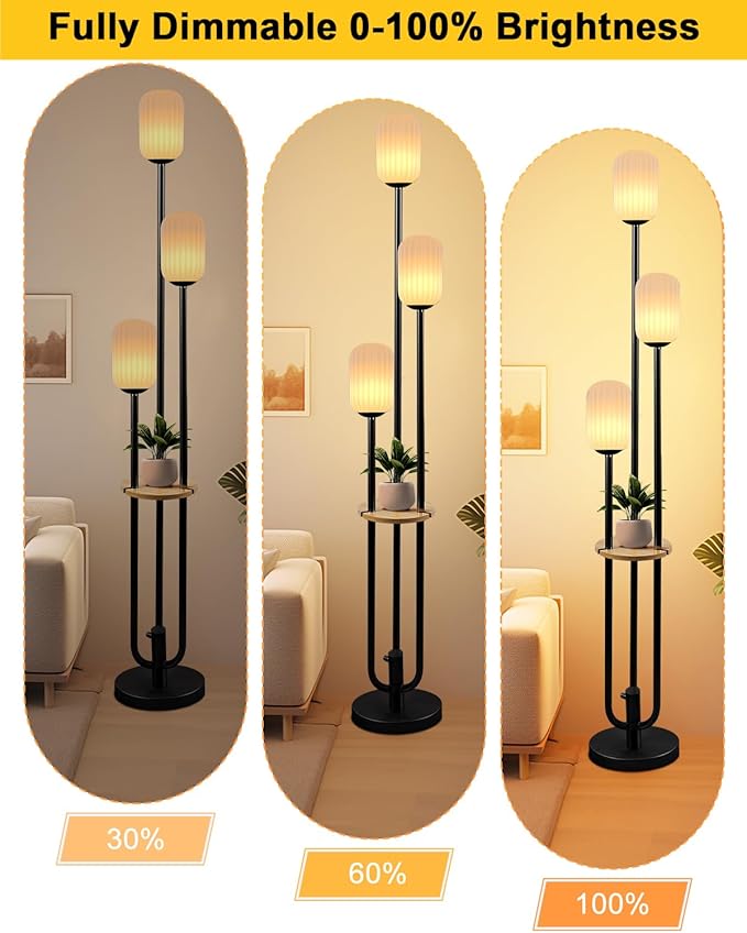 Floor Lamp for Living Room, Dimmable Vintage Floor Lamp with Shelf & LED Bulbs, 3 Light 3000K Soft Warmwhite Mid Century Standing Lamp, Tall Lamps with 5Lbs Heavy Base for Bedroom Home Decor