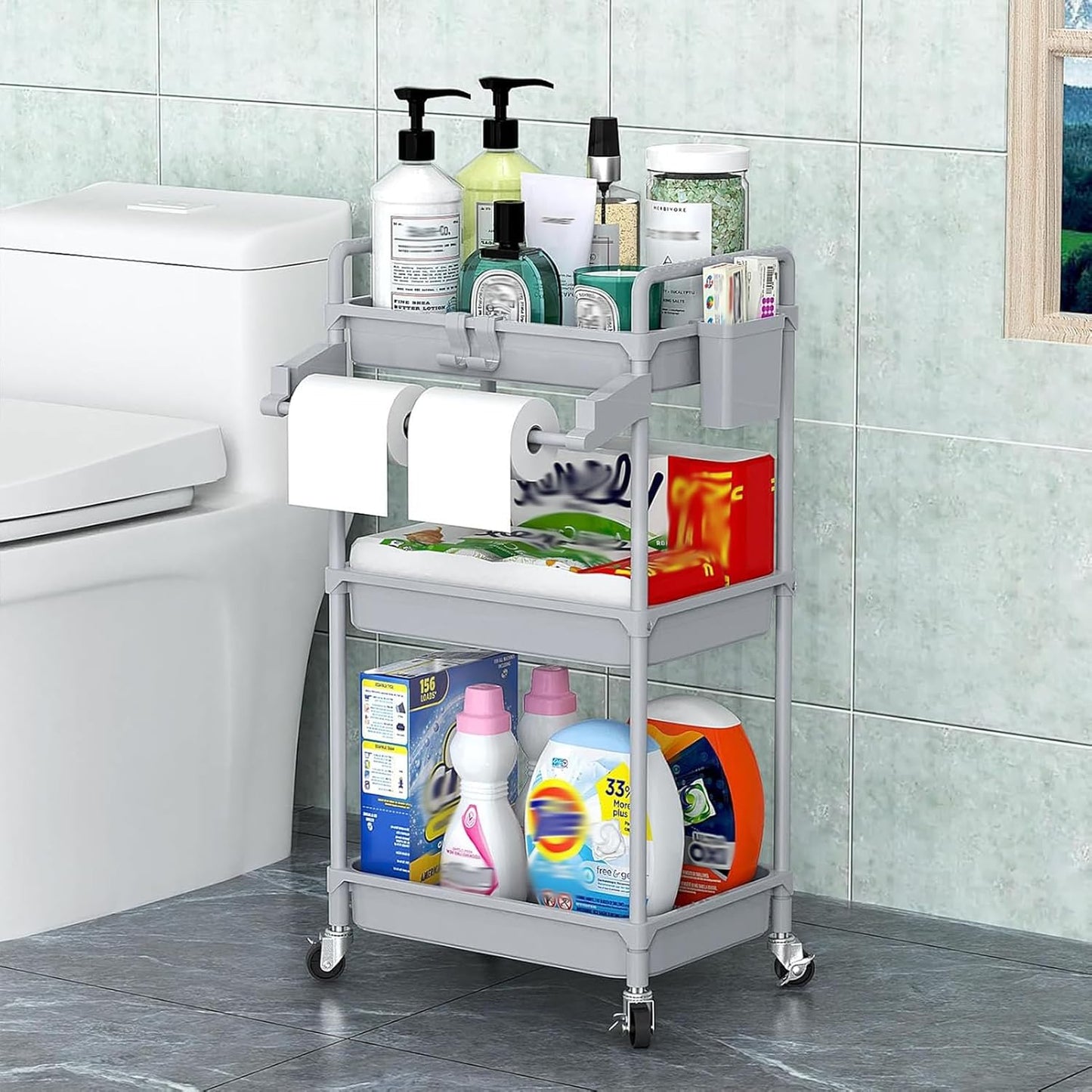 SPACEKEEPER Rolling Storage Cart - 3 Tier Utility Cart for Laundry & Bathroom Organization | Grey with Lockable Wheels & Hooks