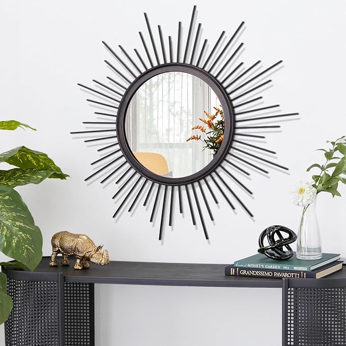 Large Sunburst Wall Mirror Boho Home Decor Round Wall Art Mirror Modern Metal Hanging Mirror Bathroom Bedroom Hallway Balcony Vanity Living Room Entryway Black 20"