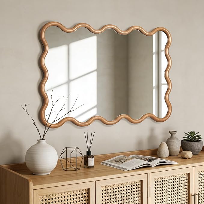 WallBeyond 28"x40" Large Wavy Wood Mirror, Natural Wood Boho Accent Wall Mirror with Solid Wooden Frame, Decorative Wall Mirror for Horizontal or Vertical Hanging in Bathroom or Living Space