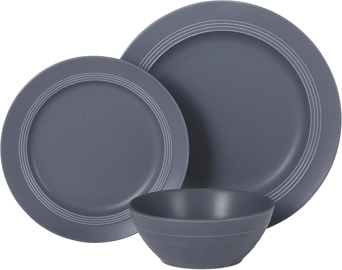 Gibson Elite Soleil 12 Piece Echo Blue Stoneware Dinnerware Set for 4, Plates and Bowls Set with Dinner Plates, Salad Plates and Bowls